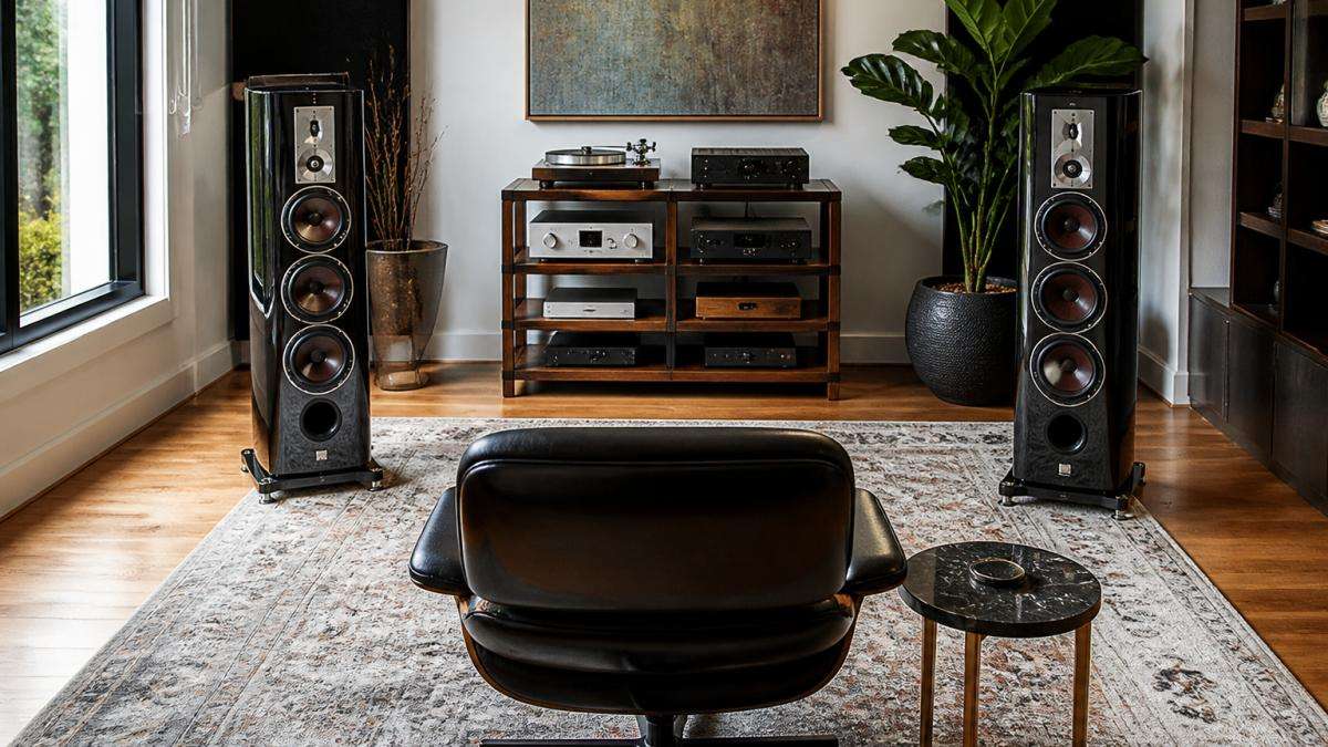 A pair of high-end floorstanding speakers positioned in a well-lit living room, angled slightly inward toward a single listening chair, with a clear view of the equilateral triangle setup